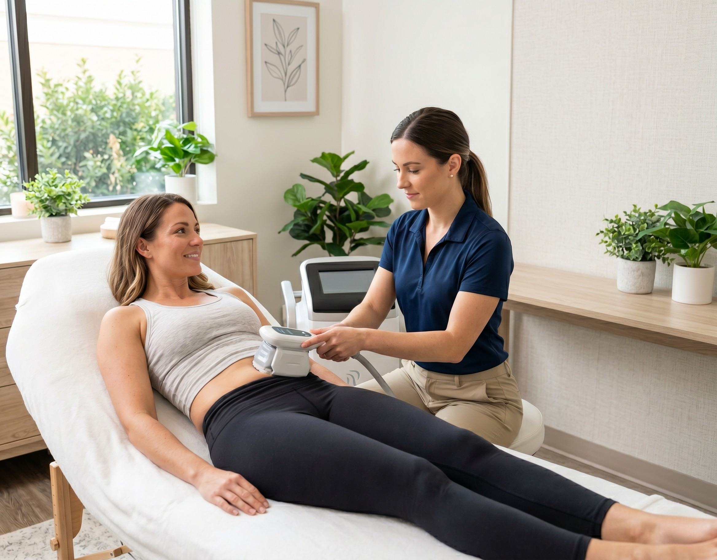 Non-surgical body transformation treatment at J Artistry Clinic Coventry — clinician using fat reduction device on client
