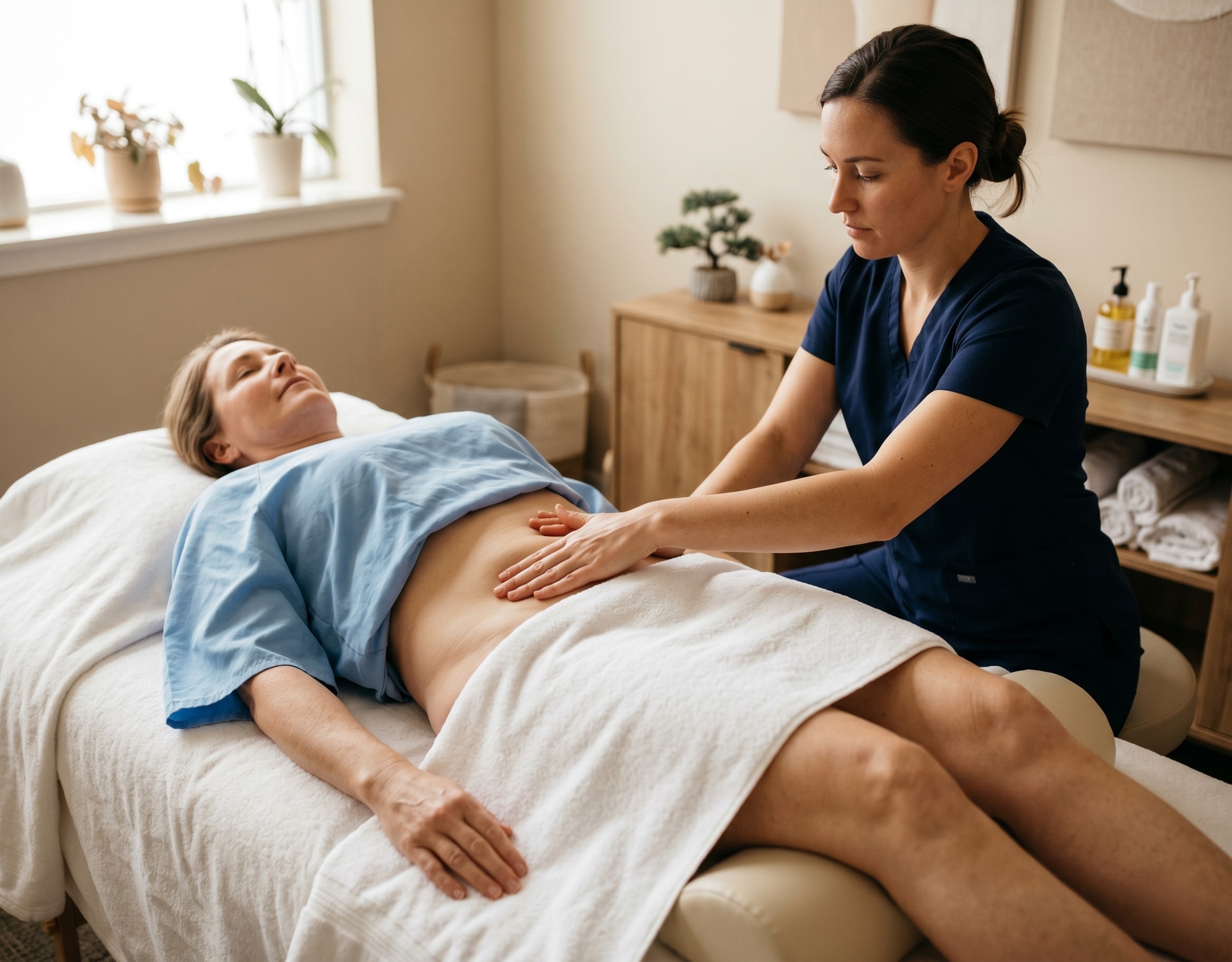 Post-operative lymphatic drainage process at J Artistry Clinic Coventry — clinical abdominal massage reducing swelling and supporting healing after surgery