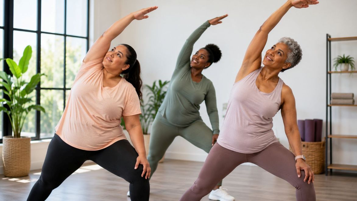 Women exercising and supporting each other in a wellness setting (the combination of resistance training, HIIT, and moderate cardio is the most evidence-backed approach to losing belly fat in women