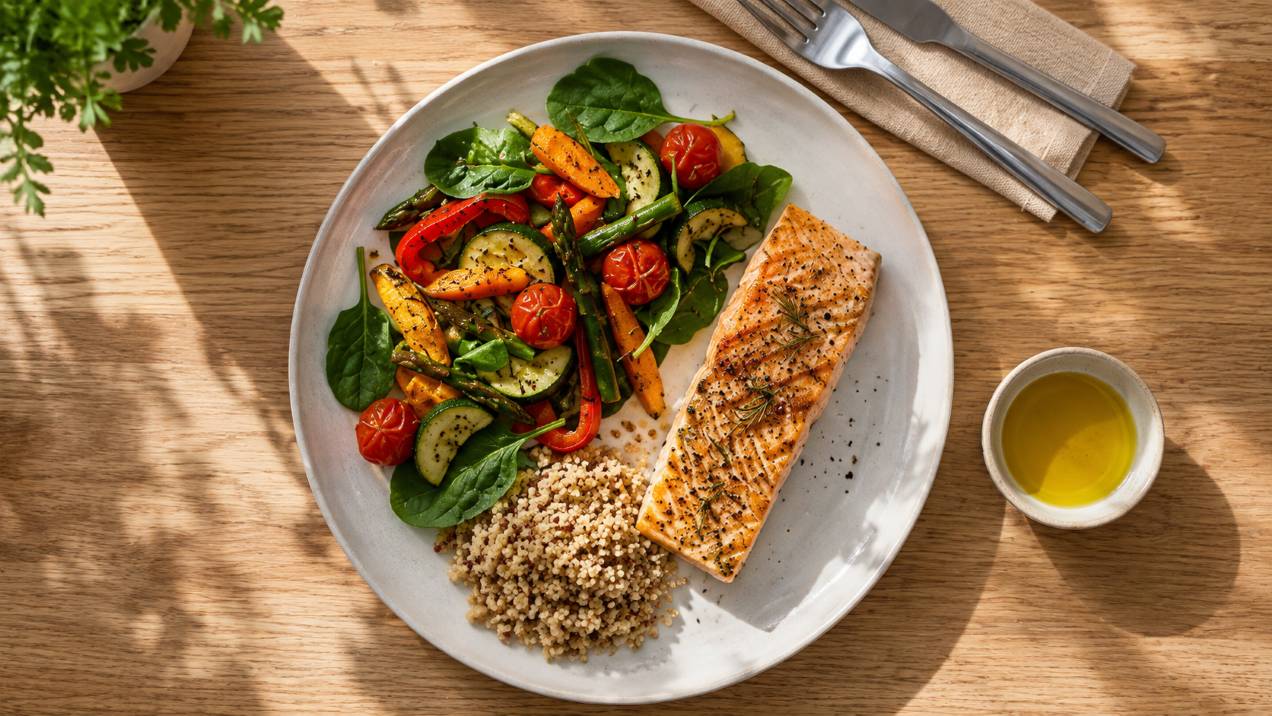 A balanced plate of vegetables, lean protein and wholegrains illustrating the best diet to lose belly fat