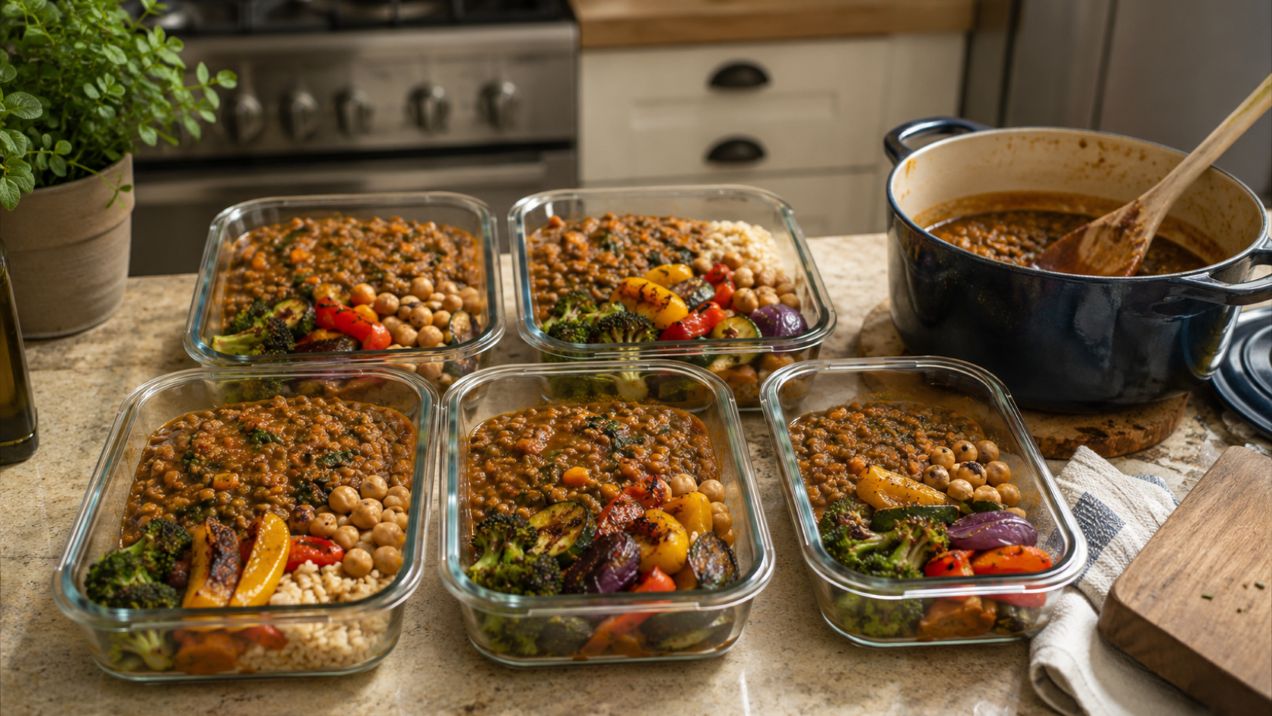Batch-cooked lentil soup, roasted vegetables and grains portioned into containers for a week on the best diet to lose belly fat