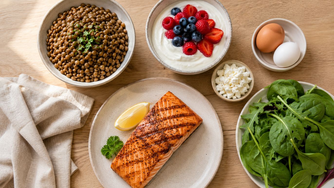Protein-rich meal with fish, beans and vegetables prepared as part of a menopause belly diet
