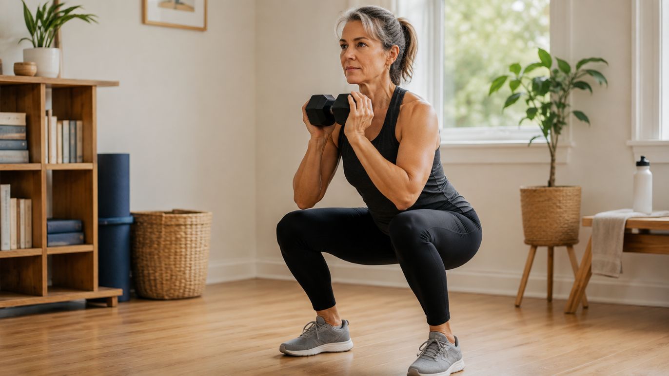 Woman in her fifties doing resistance training with dumbbells to manage menopause belly fat and preserve muscle