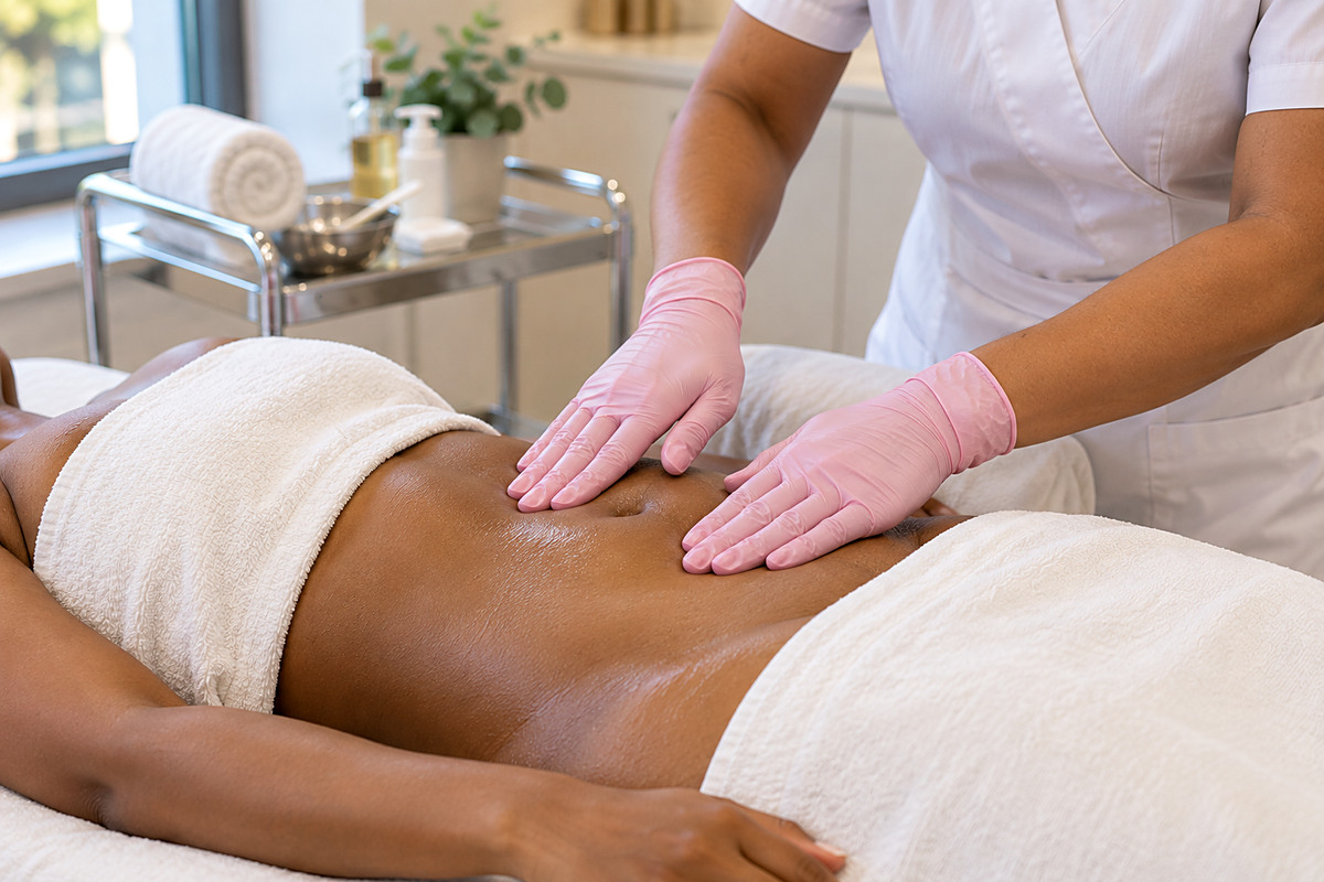Abdominal lymphatic drainage massage being performed at J Artistry Clinic in Coventry