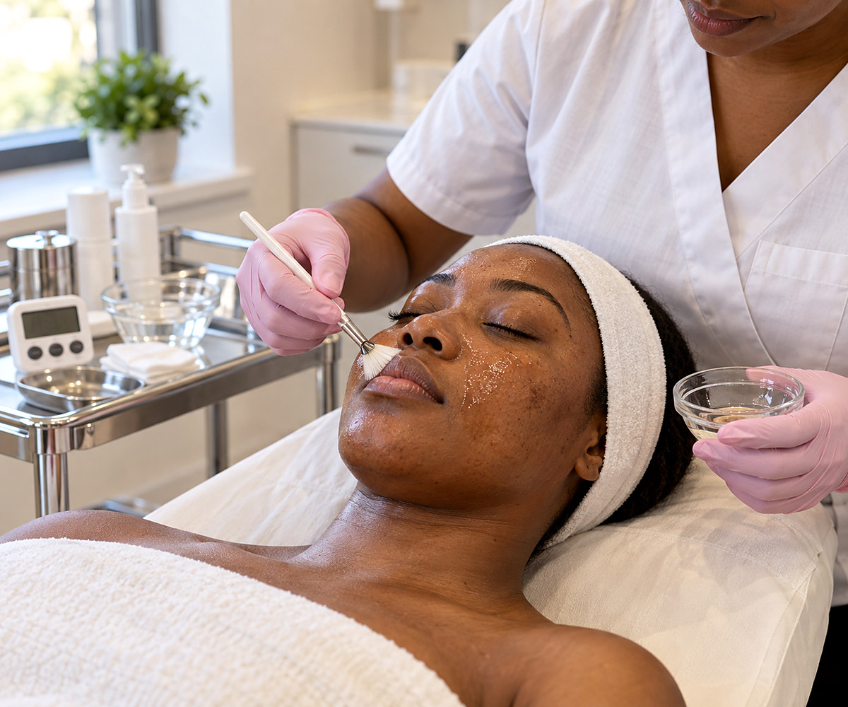 Professional chemical peel being applied to melanin-rich skin at J Artistry Clinic in Coventry