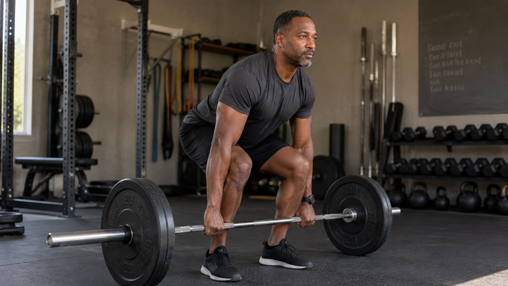 Man in his forties performing a barbell deadlift to preserve muscle while losing belly fat