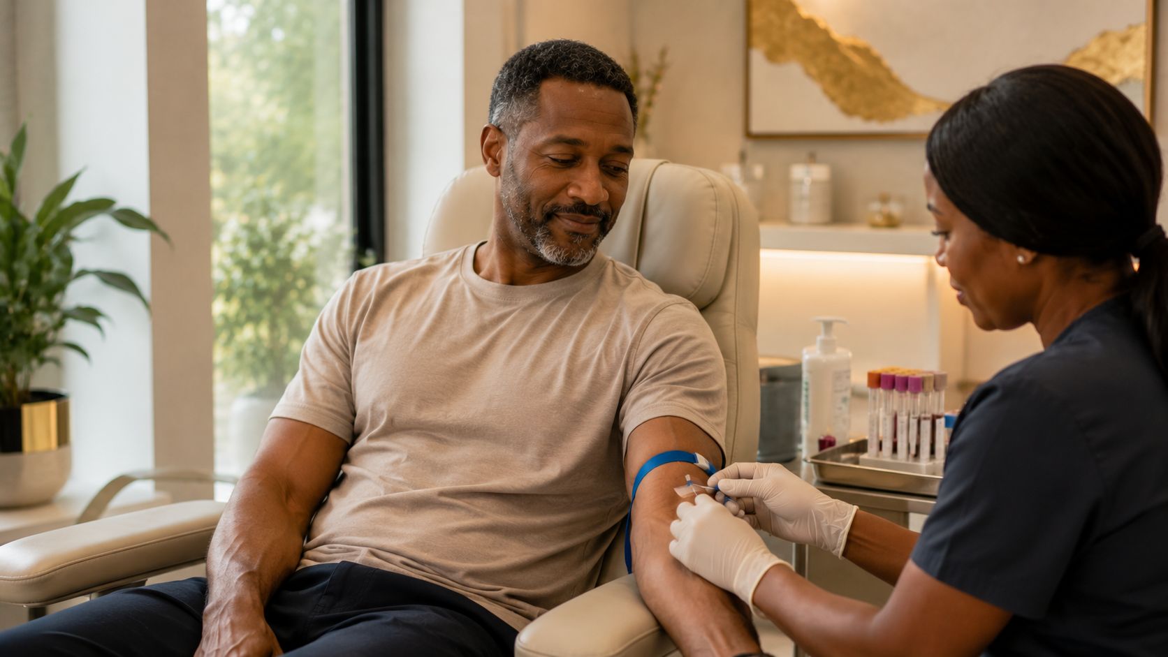 Health screening blood test appointment for a man at J Artistry Clinic in Coventry